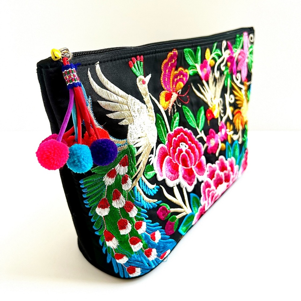 Large Colorful Birds and Florals Embroidered Pom Pom Bag (NWOT) - Picture 3 of 9